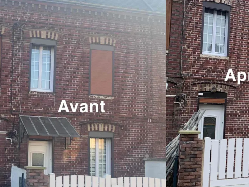 Façade en brique avant et après reprise de maçonnerie à la chaux à Rouen